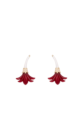 Small Flower Earrings, 18k Yellow Gold with Diamonds, Red Coral & Mother Of Pearl